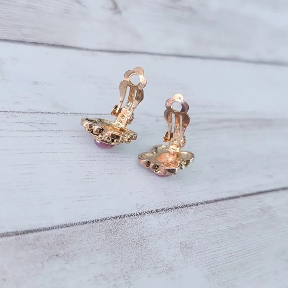 Vintage Clip On Earrings Antique Gold Tone Halo with Dark Pink Center